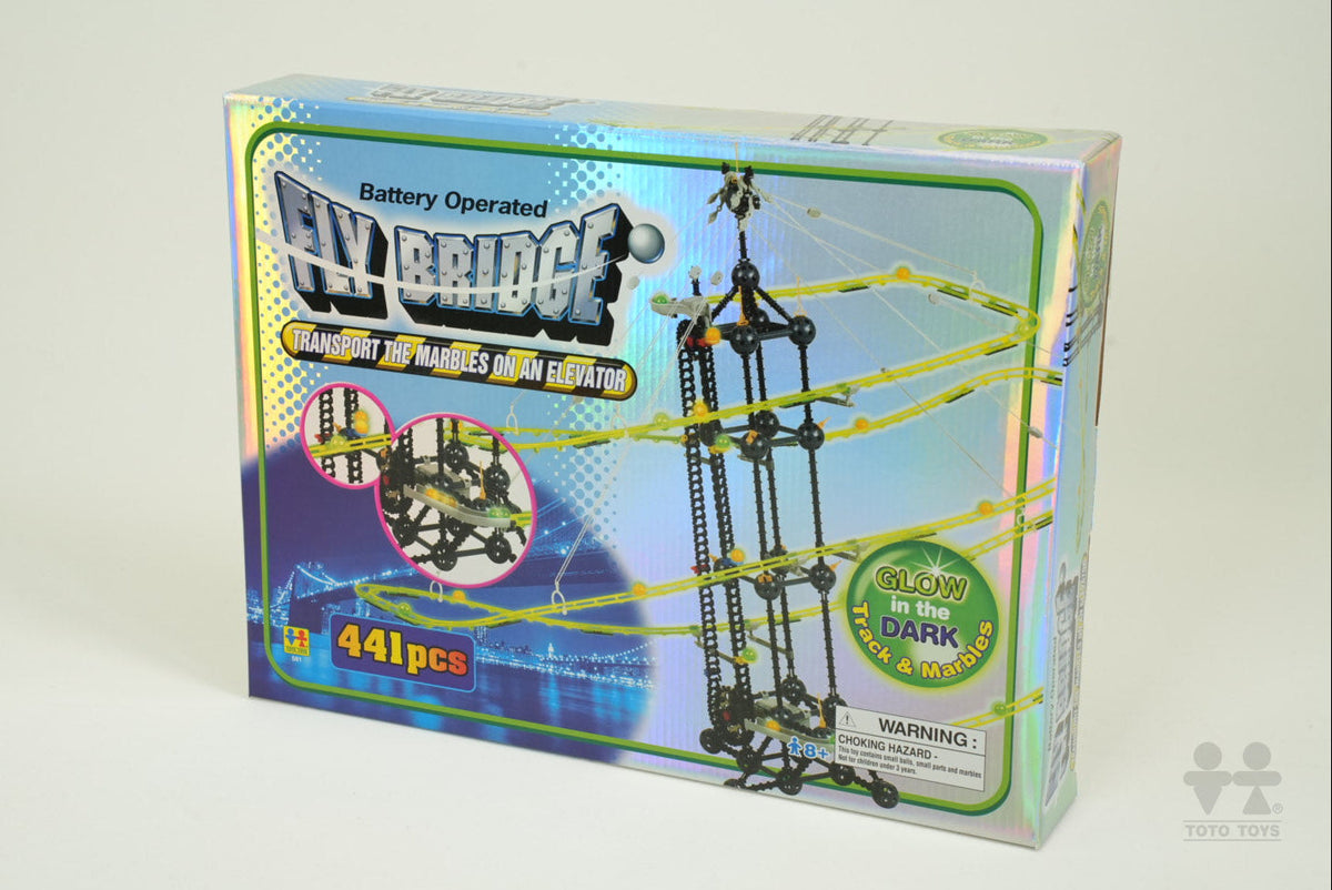 Fly Bridge battery-operated marble run box, 441 pcs with glow-in-the-dark tracks, choking hazard warning