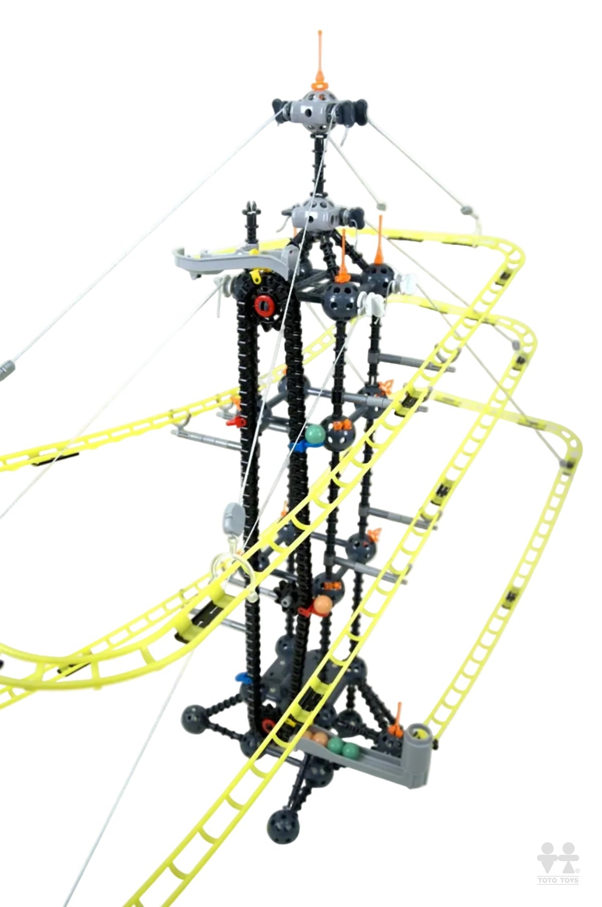 Fly Bridge motorized vertical marble run, black frame with yellow glow-in-the-dark tracks on white