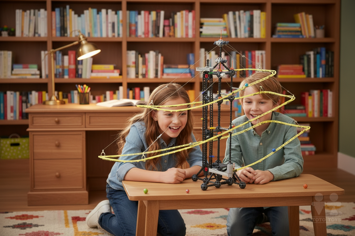 Girl and boy watching the Fly Bridge marble run tower on a wooden desk between bookshelves