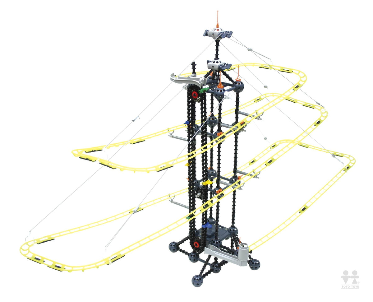 Full Fly Bridge marble run tower with yellow looped tracks and tension cables, wide studio view on white