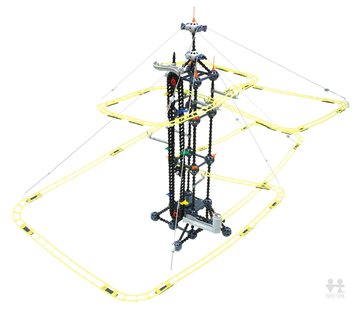 High-angle studio view of the Fly Bridge tower showing the spread of its yellow marble track layout
