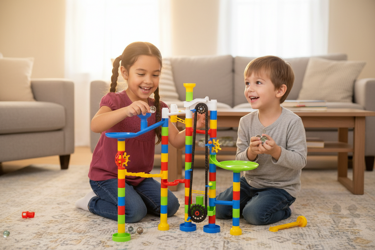 Girl and boy playing with the Marbulous AutoRun chain elevator marble run on a rug in a living room