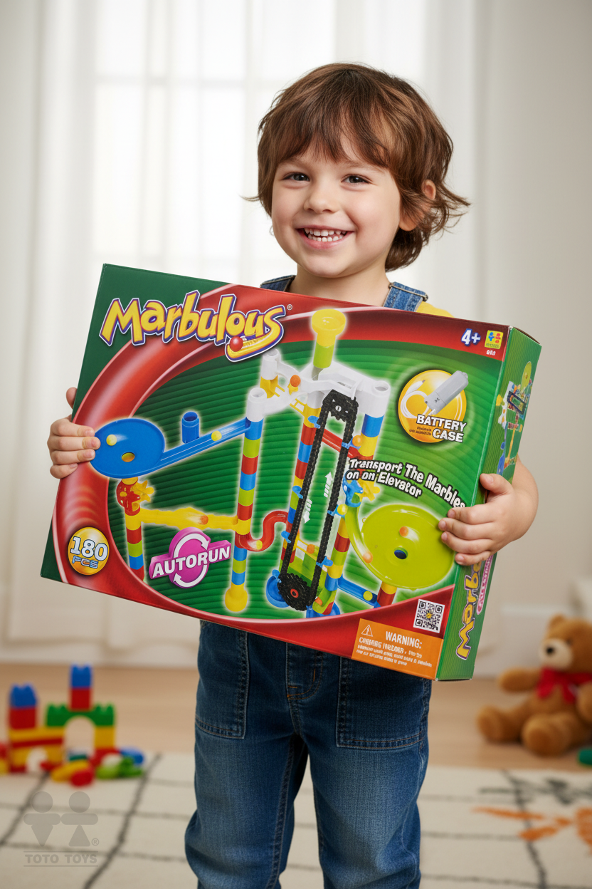 Boy holding the Marbulous AutoRun 180 pcs box showing the toy on its green and red packaging