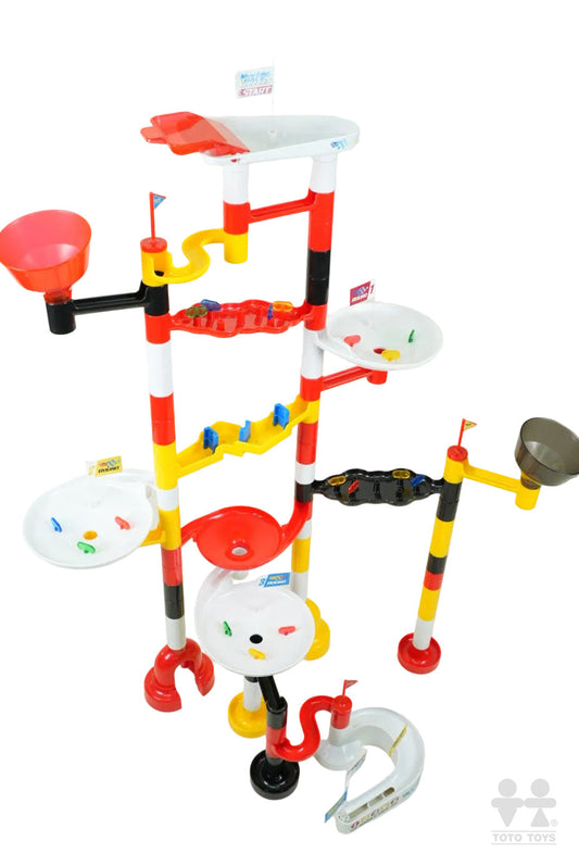 Marbulous marble run racing set, two-player tower with red and white funnels and striped posts on white
