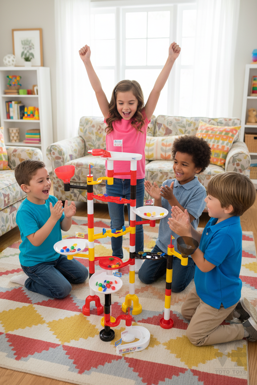 Four children cheering as marbles race down the Marbulous two-player marble run in a living room
