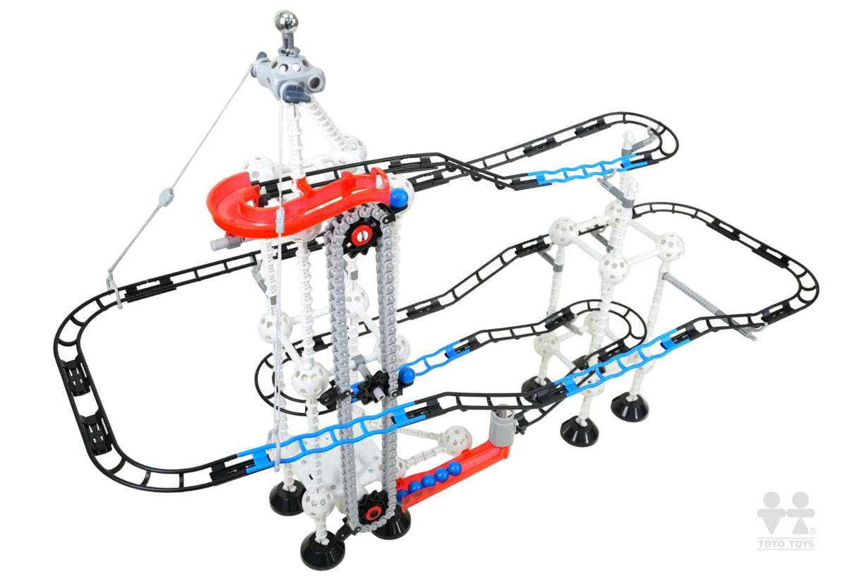Odyssey Series electric elevator marble coaster with blue translucent tracks and red gear on white
