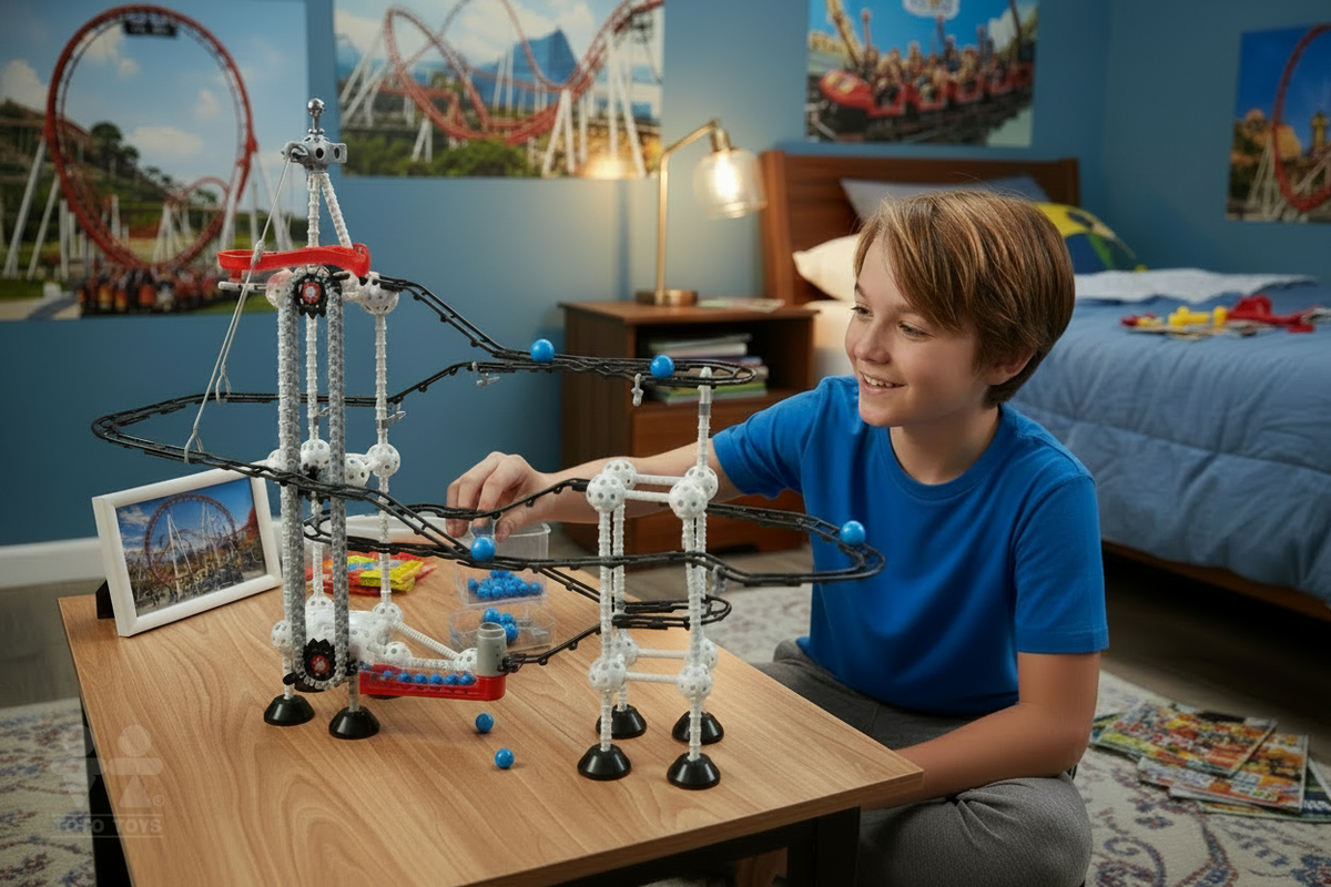 Boy in a bedroom watching coloured balls travel round the Odyssey electric elevator marble coaster