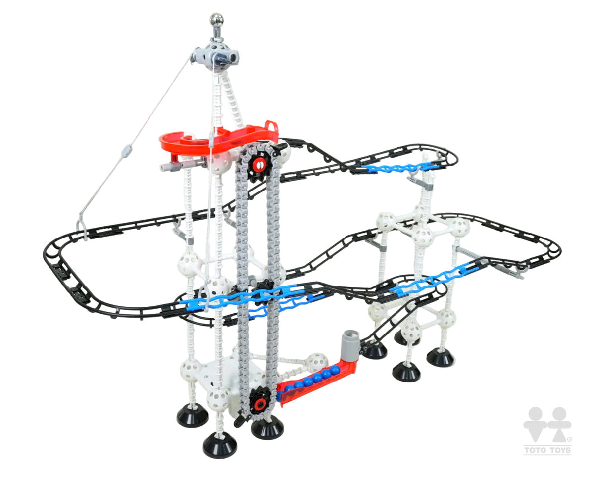 Odyssey electric elevator marble coaster, blue track tower with red lifter wheel, studio shot on white