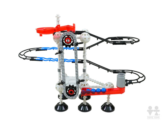 Odyssey Series electric lift marble track front view with white frame and red sprocket wheel on white