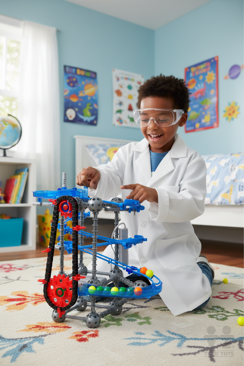 Boy in a lab coat and safety goggles playing with the blue LoopTech motorized marble run at home