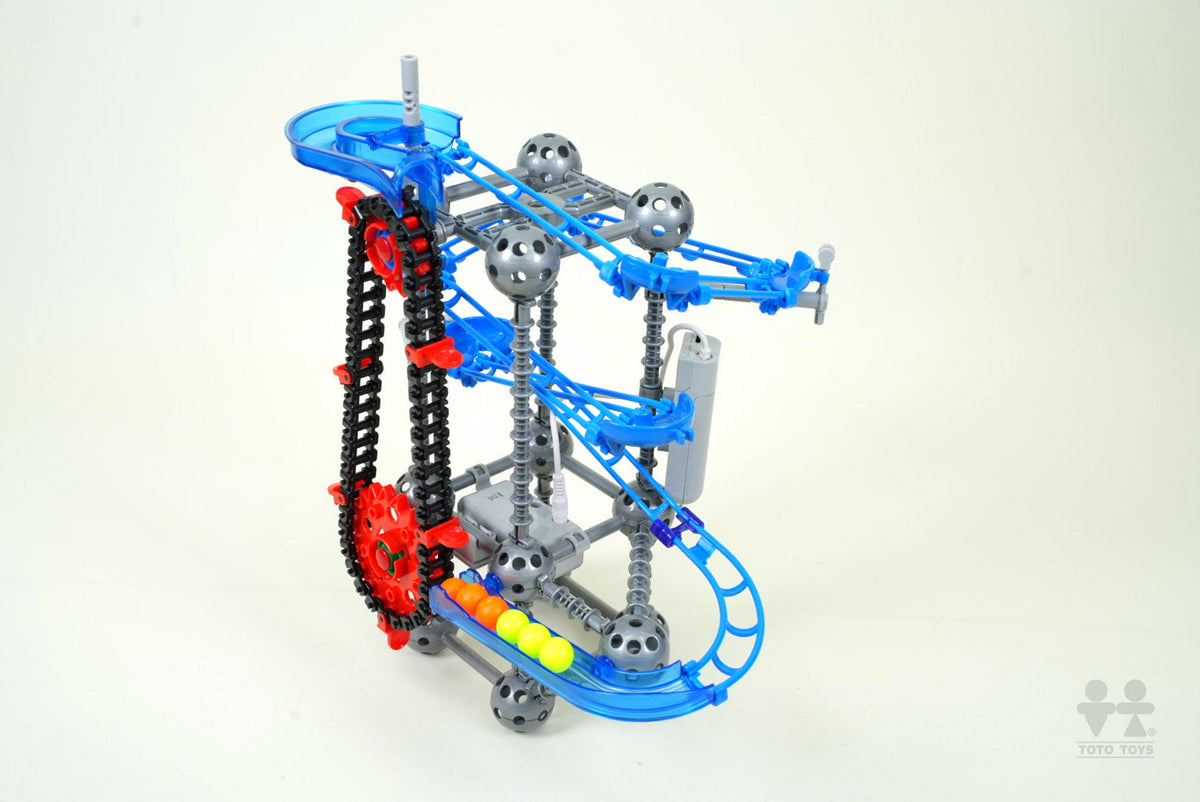 LoopTech motorized marble run three-quarter view on a cream background, blue frame and grey joints
