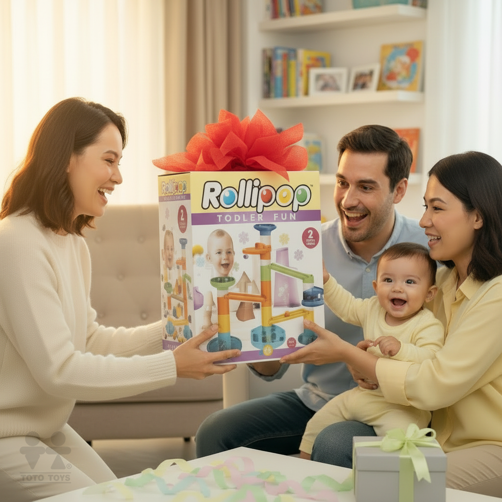 Family handing over a wrapped Rollipop Toddler Fun gift box with red bow at a celebration