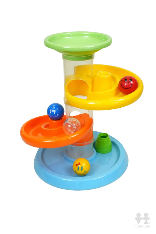 Rollipop Toddler Fun ball run in blue, orange and green, full tiered tower shown on a white background