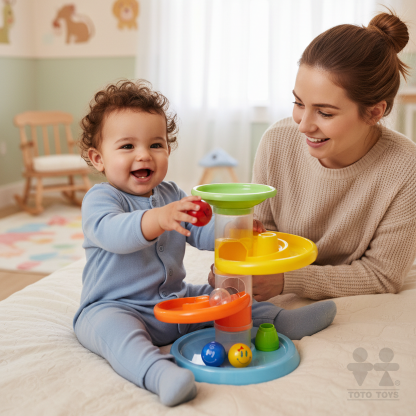 Mother and baby playing with the blue and green Rollipop ball run on a bed in a child's room