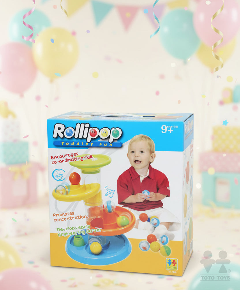 Rollipop Toddler Fun blue ball run packaging box with 5 balls inside badge and 9 months+ age mark