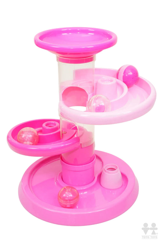 Rollipop Toddler Fun ball run in pink, three-tier tower with clear tube on a white studio background