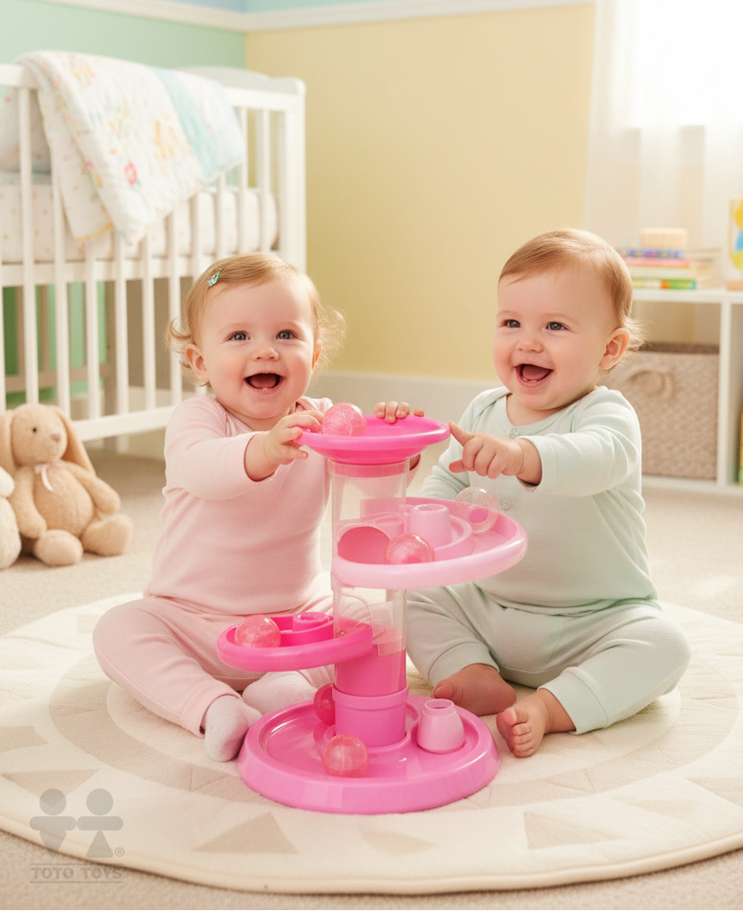 Two babies playing with the pink Rollipop toddler ball run on a rug in a nursery